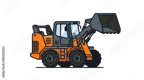 An orange and gray cartoon front-end wheel loader illustration with a large bucket and four wheels, depicted on a white background, ready for construction tasks.