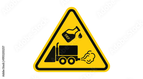 Yellow warning triangle with a black truck icon, a bottle labeled 'DEF' dripping, and exhaust cloud, signifying Diesel Exhaust Fluid and truck emissions.