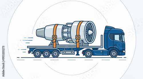 A blue semi-truck transports a large jet engine on its flatbed trailer, depicted in a clean, outlined illustration style with motion lines.