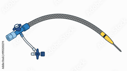 Medical catheter illustration: Braided shaft, blue luer lock hub with stopcock, and a tapered distal tip with a yellow marker band, characteristic of interventional devices.