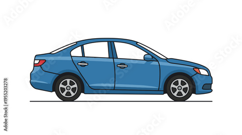 A simple, blue sedan car is shown in profile against a white background. It has four doors and standard wheel rims.