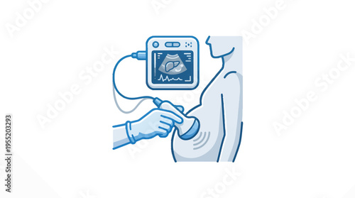 A hand in a glove uses an ultrasound probe on a person's abdomen, with a monitor displaying a liver image and heartbeat.