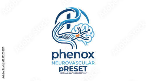 Logo for Phenox Neurovascular pRESET mechanical thrombectomy, showing a brain with a blood vessel and stent.