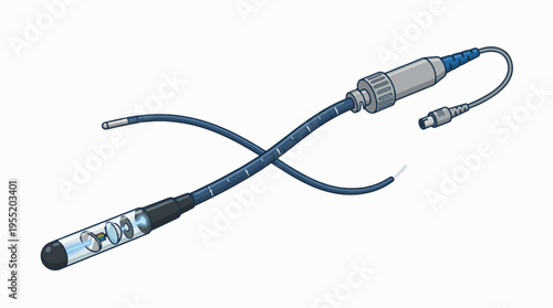 Anatomy of an optical imaging catheter. Features flexible shaft, transparent tip revealing internal lenses, and connectivity cable. Used for medical diagnostics.
