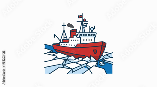 Cartoon-style red and white icebreaker ship navigating through broken ice floes. The vessel features a chimney, masts, and deck structures, set against a simple blue and white icy environmen