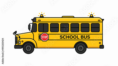 A simple cartoon illustration of a bright yellow school bus with a red stop sign extended and flashing roof lights, with SCHOOL BUS written on its side, on a white background.