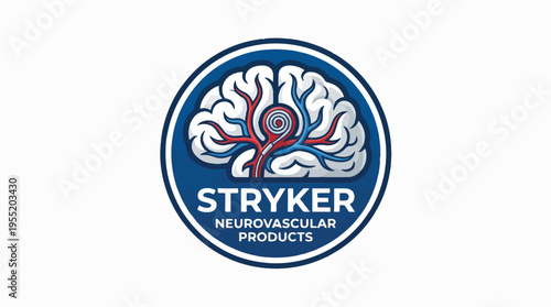 Stryker Neurovascular Products logo: a blue circle featuring a stylized brain with red/blue vessels and a central coil structure. Brand name below.