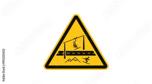 Yellow warning triangle with a black border depicting a ski lift overhead, mountains, and a skier below. It signifies a skiing area or potential hazard.