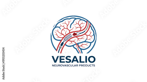 A logo for Vesalio Neurovascular Products, featuring a human brain illustration with a catheter deploying a stent into a blood vessel, representing neurovascular medical devices and treatmen