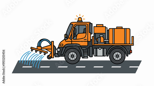 An orange municipal service truck sprays water onto a road for cleaning or dust control. It features an active amber warning light.