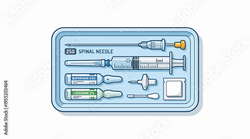 Illustration of a spinal anesthesia kit in a tray, including a spinal needle, syringe, bupivacaine, lidocaine, and other medical supplies.
