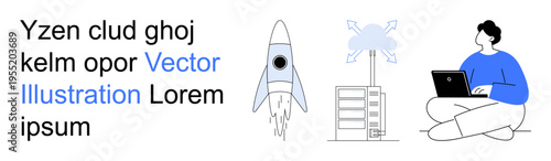 Startup success, cloud computing, innovation, technology education, data storage, futuristic development. Rocket launch, cloud server person using laptop. Startup success and cloud computing concept