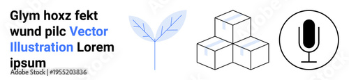 Nature, sustainability, technology, communication, innovation, minimalism. Abstract leaf illustration, stacked cubes and microphone icon. Nature and sustainability with a modern technology concept