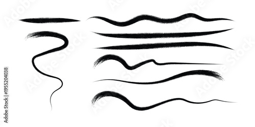 Black brush strokes set with various ink splatters and paint lines on transparent background for creative design projects artistic elements hand drawn textures and calligraphy style effects