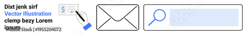 Financial services, digital marketing, email systems, online search, user interface design, communication technology. Icons of a hand with a check, an envelope and a search bar. Financial services
