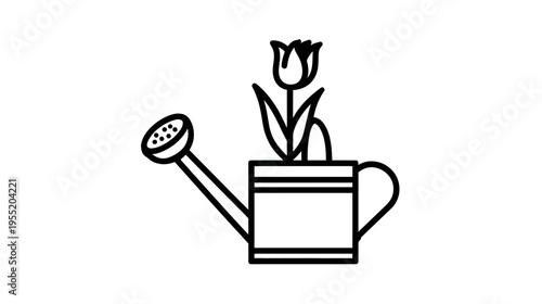 Black and white line drawing of a watering can with a flower growing out of it, on a white background
