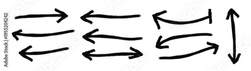 Black grunge hand drawn arrow collection in various directions and styles including straight, curved, double-ended, and up-down arrows, isolated on a transparent background
