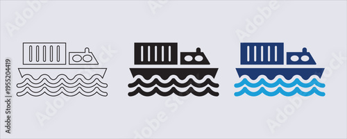 A minimalist vector icon of a cargo ship or container ship transporting goods across water, It is often used in logistics, transportation, and supply chain contexts.