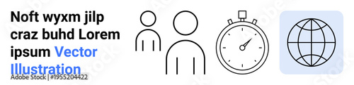Business management, time tracking, global communication, teamwork, remote work, productivity. Line art features people icons, stopwatch and a globe. Business management and time tracking concepts