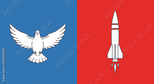 White dove and rocket symbols contrast.