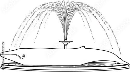 Black and white illustration of a fountain shaped like a whale with water spouting upwards
