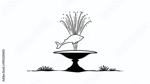 A black and white cartoon fountain with a jumping fish and stylized water jets