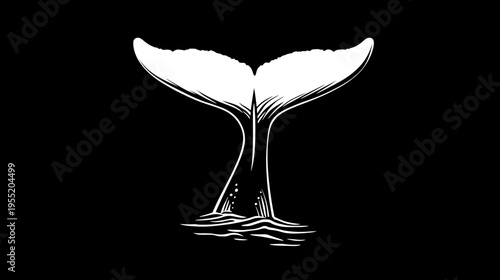 Graphic depiction of a whale's tail emerging from the water, depicted in white on a black background