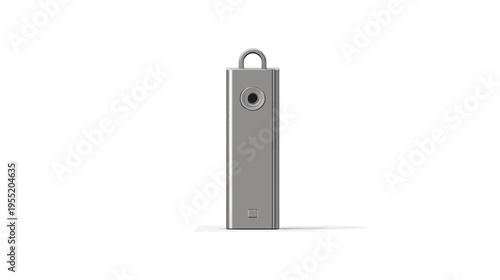 Metallic, rectangular device with a loop at the top and a circular element on a white background