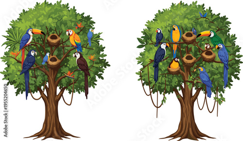 Colorful parrots and exotic tropical birds sitting on tree branches with nests, vibrant rainforest wildlife vector illustration, detailed nature artwork