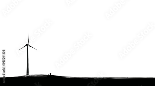 Minimalist wind turbine silhouette against white sky, grounded on a dark, brushstroke-textured landscape