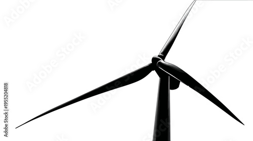 A black and white image of a wind turbine, capturing its blades and structure against a white backdrop
