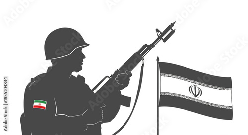 Iranian soldier with rifle and flag.