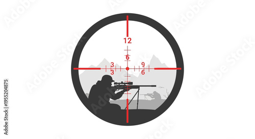 Man aiming rifle through scope sight.