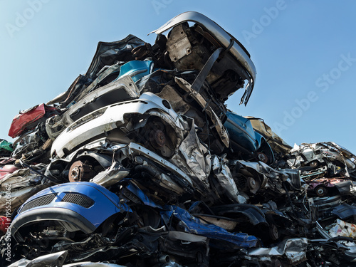 Photography Junked Cars Stacked at Auto Salvage Yard