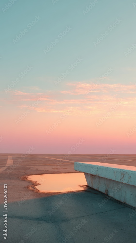 Fototapeta premium Minimal concrete pier extending into calm foggy water with soft pink sunrise reflection in still surface.