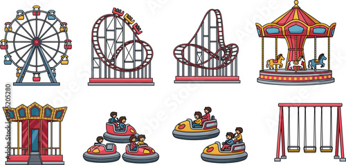 Amusement Park Rides and Attractions Vector Set – Ferris Wheel, Roller Coaster, Carousel, Bumper Cars, Swing, Funhouse for Kids