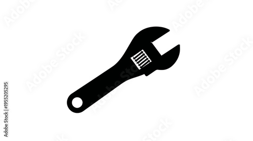 A black silhouette of an adjustable wrench, angled slightly, with a white background