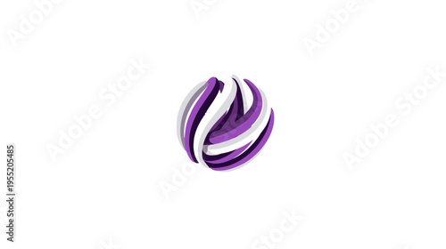 A stylized spherical object composed of swirling, layered shapes in shades of purple, white, and gray