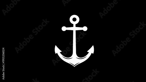 A stark white nautical anchor against a pure black background. A simple, minimalist design