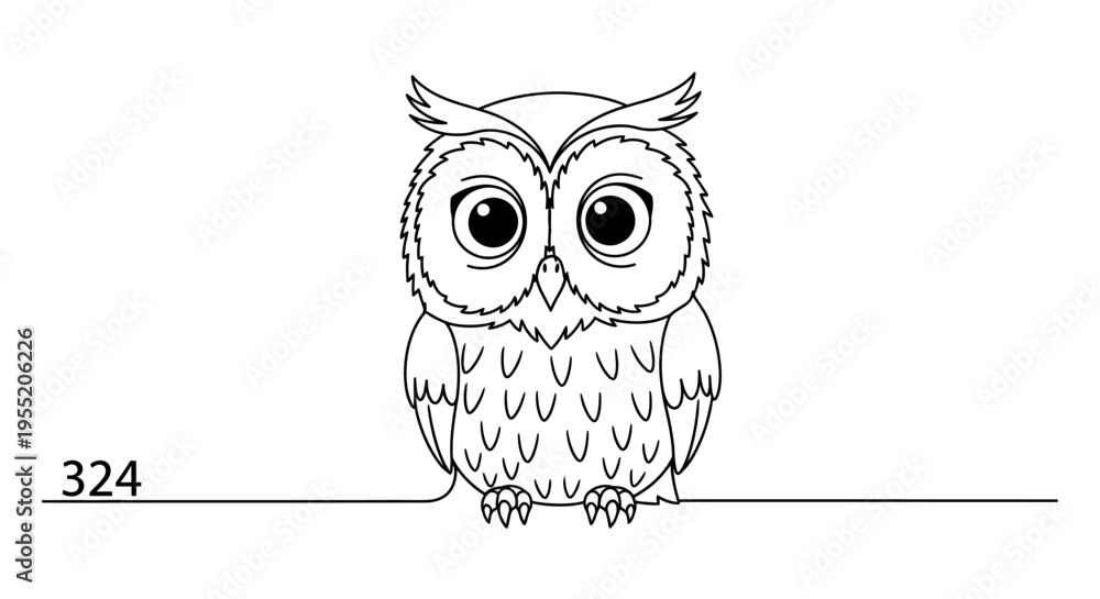 Fototapeta premium Owl Cartoon Illustration Perching on Line Isolated Black and White