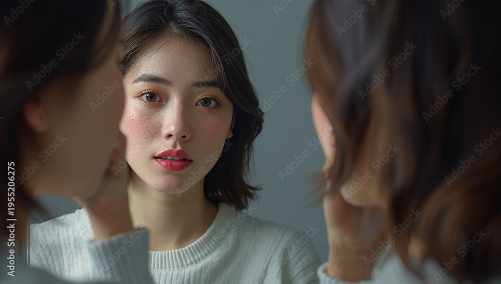 Fototapeta premium 鏡の中で顔が可愛いアニメ調に変わる日本の20代女性の幻想的な肖像