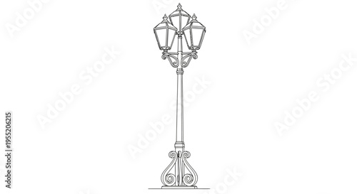 Ornate Vintage Lamppost Line Art Drawing Isolated on White Background