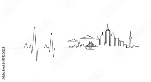 Heartbeat City Skyline Continuous Line Art Isolated on White