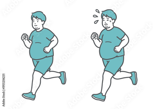 ランニング（ジョギング）をするぽっちゃり男性の比較イラスト（適度な運動と疲労）
