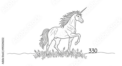 Unicorn Mythical Creature Prancing in Grass, Black and White Line Art Illustration, Isolated on White