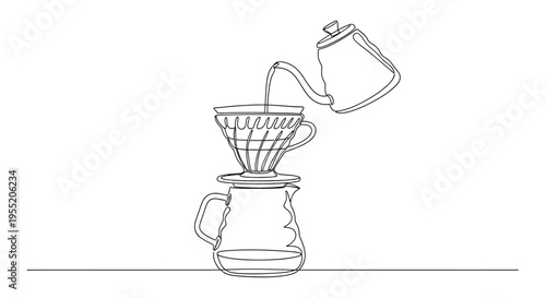 Pour-over Coffee Brewing Process with Kettle and Dripper, Continuous Line Drawing Isolated on White