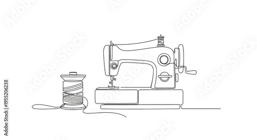Vintage Sewing Machine and Thread Spool Continuous Line Drawing Isolated on White Minimalist Art