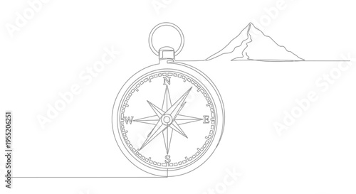 Compass Mountain Continuous Line Drawing Isolated on White Background