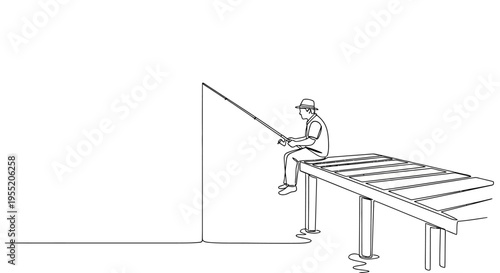 Fisherman Sitting Fishing on Wooden Pier Continuous Line Art Isolated