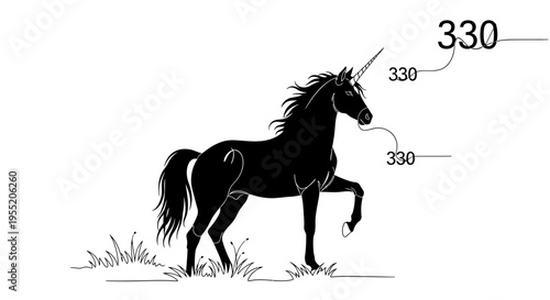 Unicorn Black Silhouette Rearing on Grass Isolated on White Background Illustration